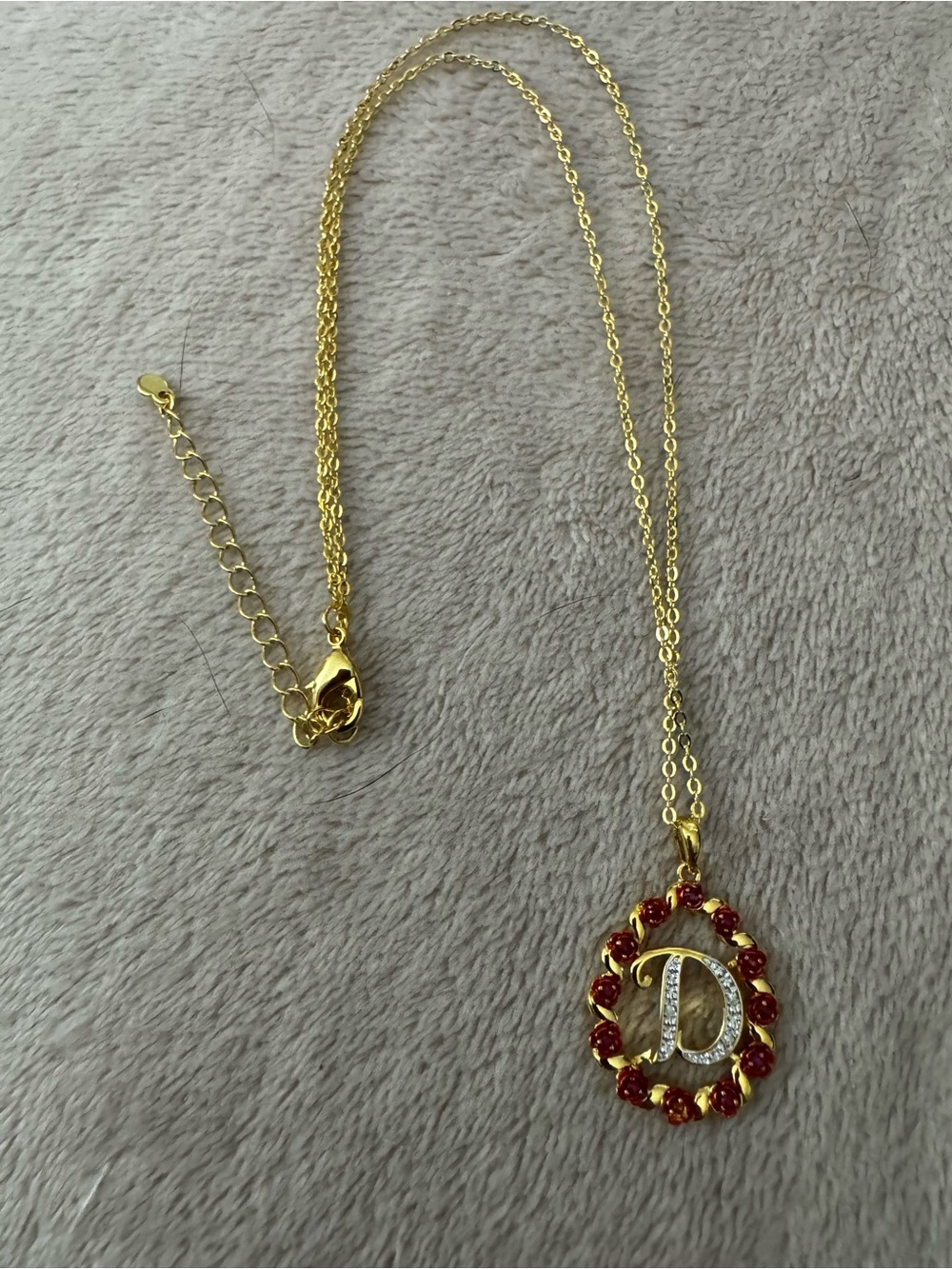 Fashion Jewelry Gold-Tone 'D' Pendant Necklace with Red Stones